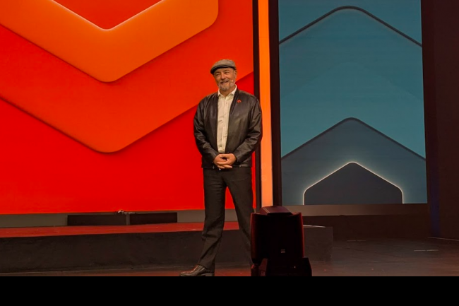 Charles Giancarlo, CEO de Pure Storage, lors de la keynote d'ouverture de la conférence Accelerate à Las Vegas ce 18 juin. (crédit : DF)