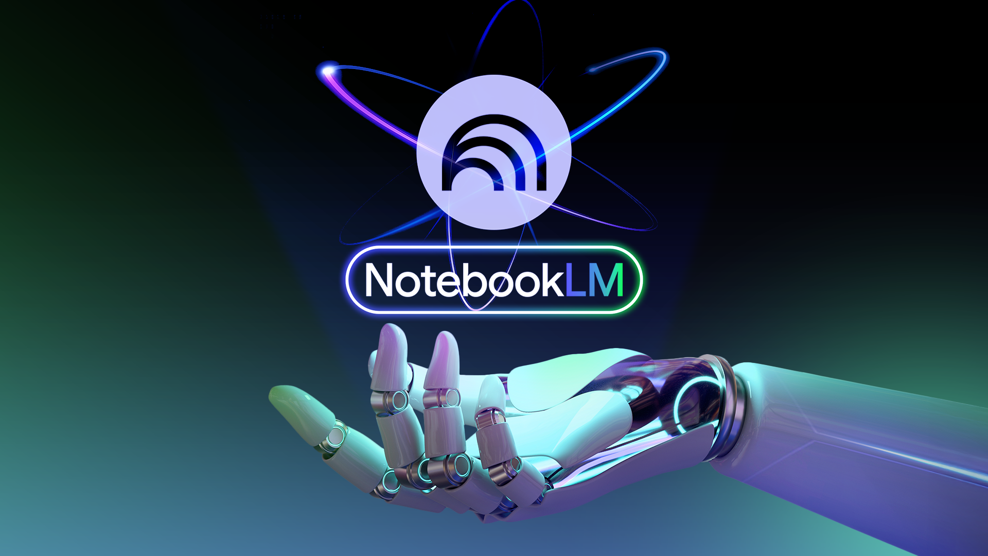 Une main robotique atteignant avec le logo NotebookLM flottant au-dessus.
