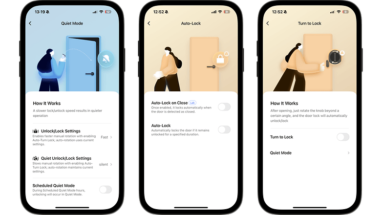 Trois écrans de smartphone affichant les paramètres pour la serrure Aqara U200 Lite.