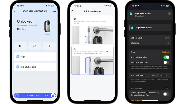 Interface de serrure intelligente affichant l'état déverrouillé et le niveau de batterie.