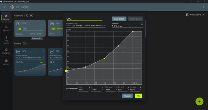 Capture d'écran du logiciel de contrôle des ventilateurs montrant la courbe personnalisée du ventilateur CPU