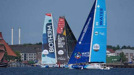 Des bateaux qui participent à The Ocean Race Europe dans le fjord de Kiel, le 9 août 2025. (MARCUS BRANDT / DPA / MAXPPP)