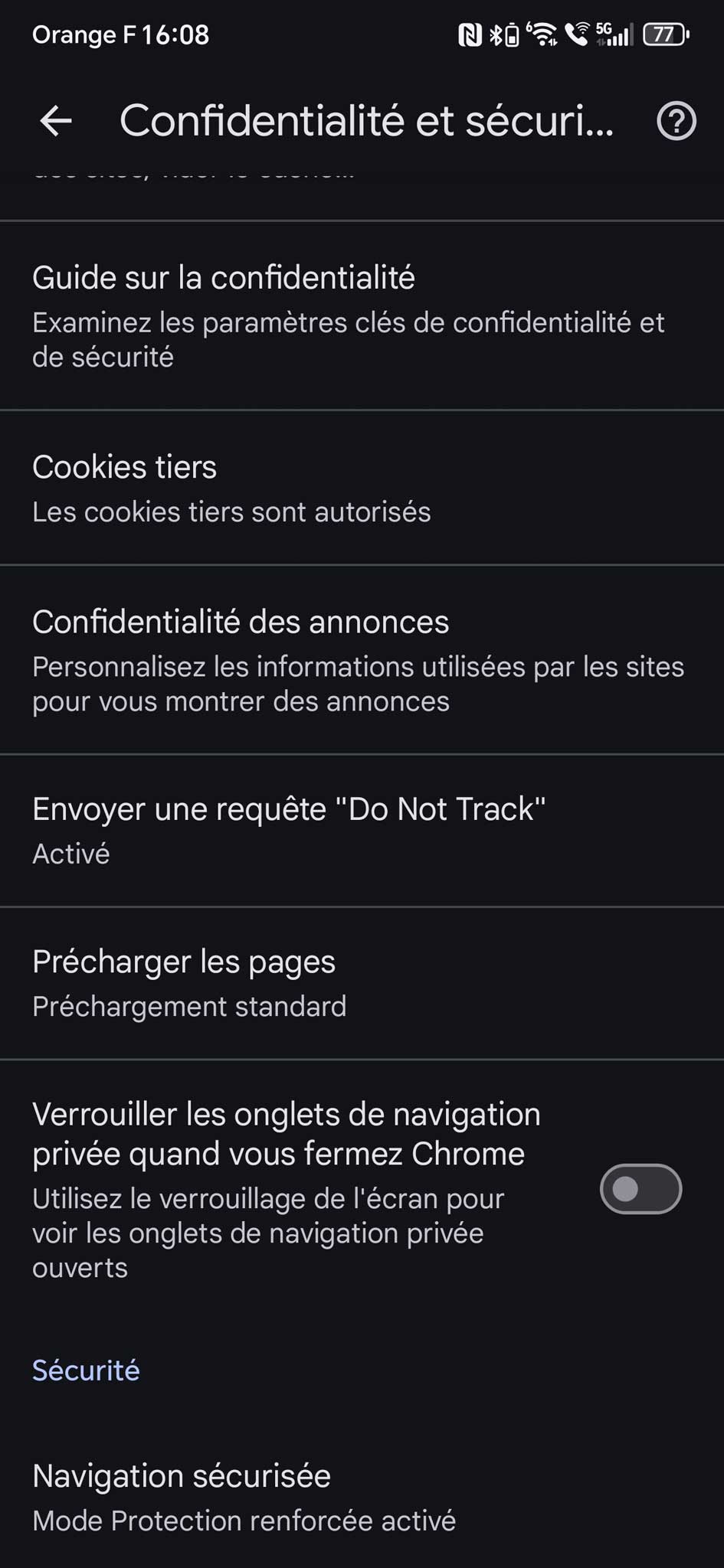Ancienne interface paramètres Chrome Android