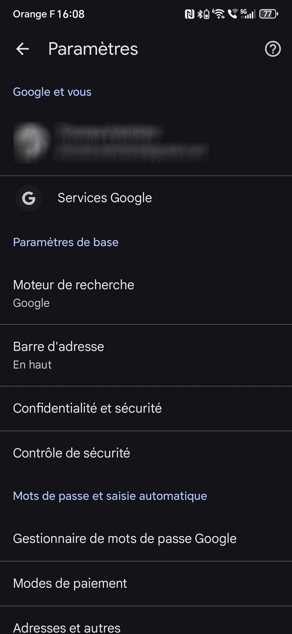 Vue détails anciens paramètres Chrome