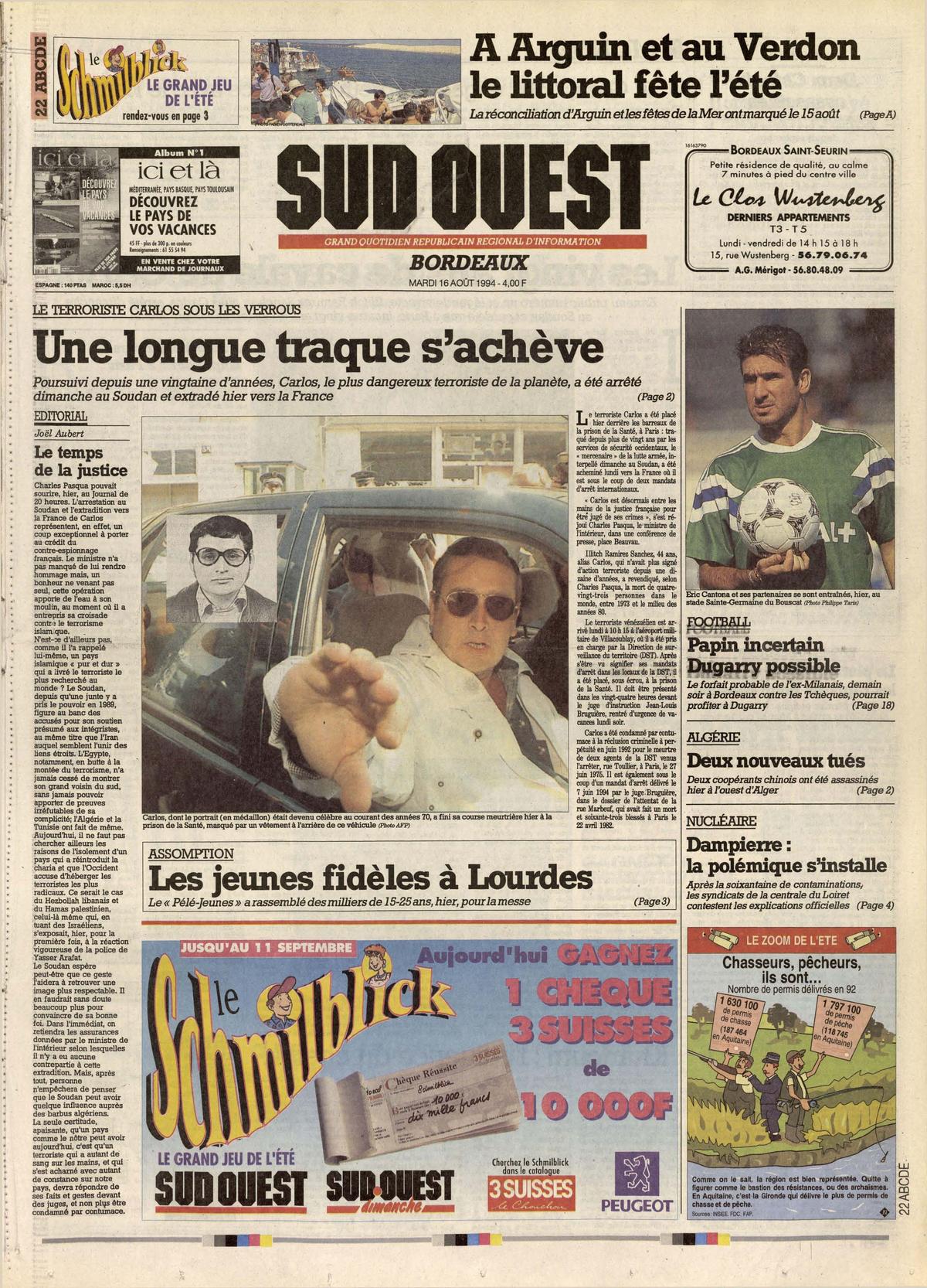 Reproduction de la une Sud Ouest, 16 août 1994