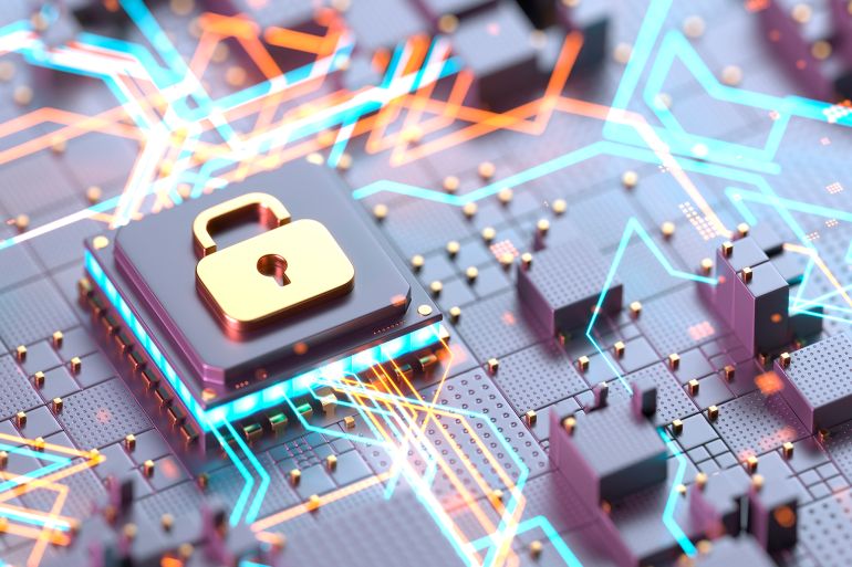 Illustration 3D d'une puce microélectronique avec cadenas représentant la cybersécurité