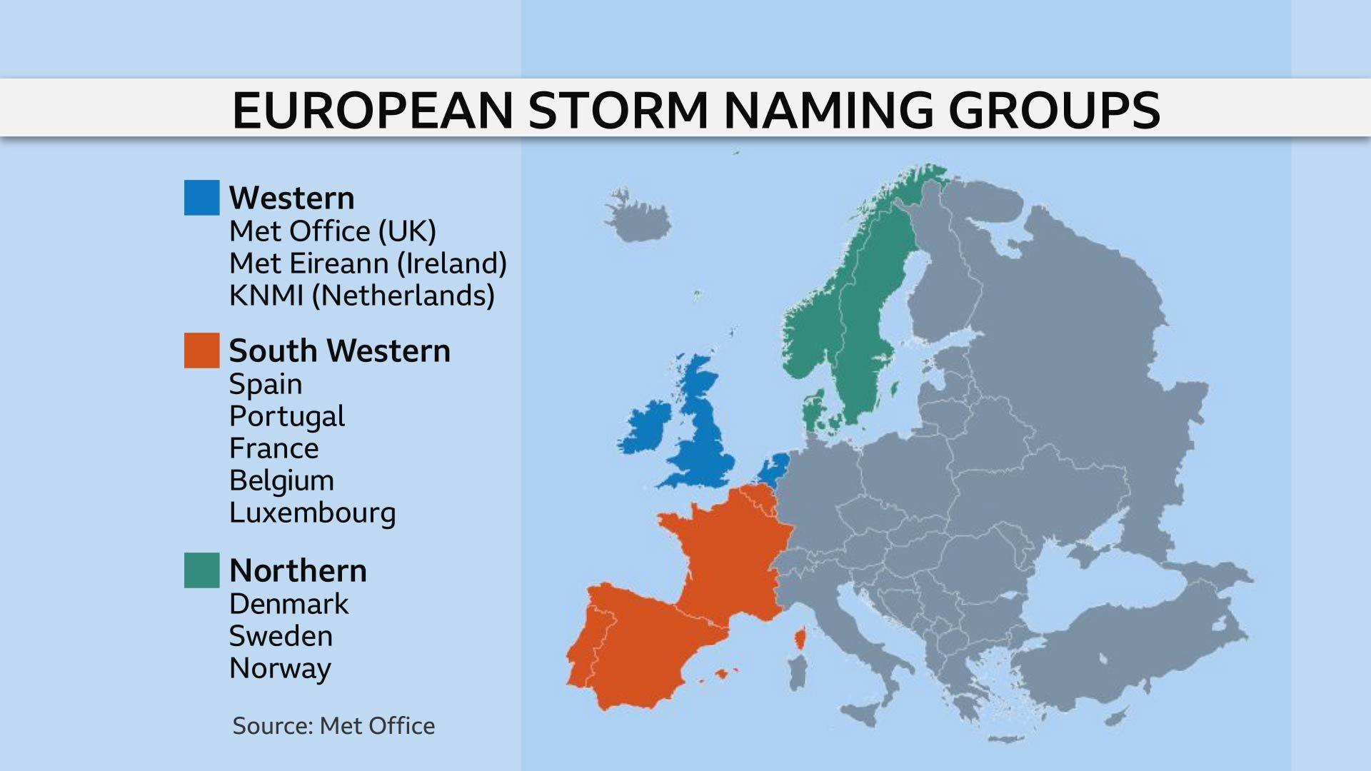 Carte des groupes de nommage des tempêtes en Europe