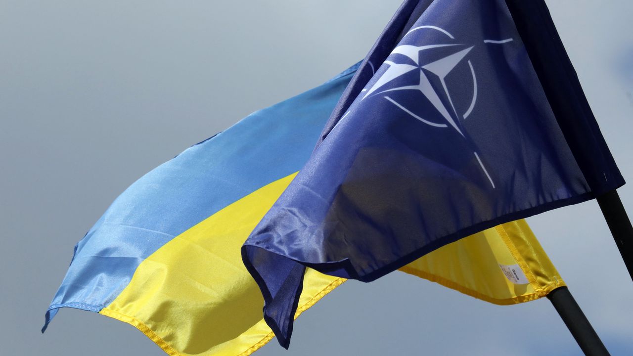 Drapeaux OTAN et Ukraine lors d'une cérémonie