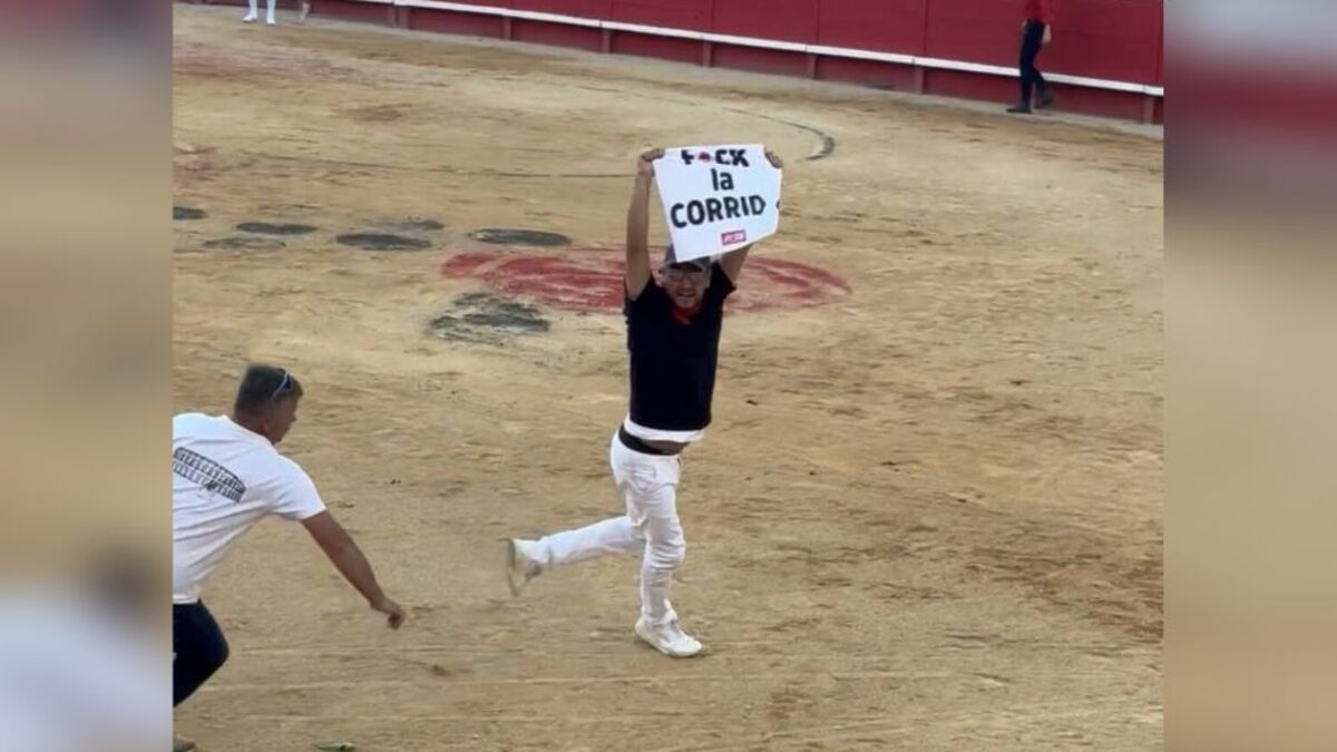 Jeremstar brandissant une pancarte anti-corrida dans l’arène de Nîmes