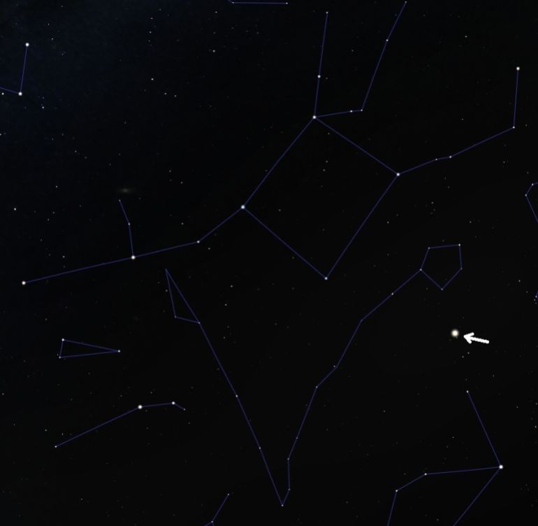 Saturne sous les constellations du Grand Cheval et de la Baleine (Stellarium)