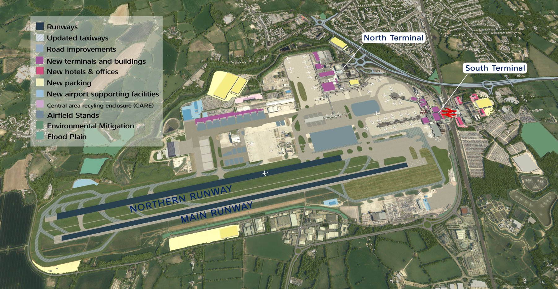 Carte aérienne montrant Gatwick et les environs