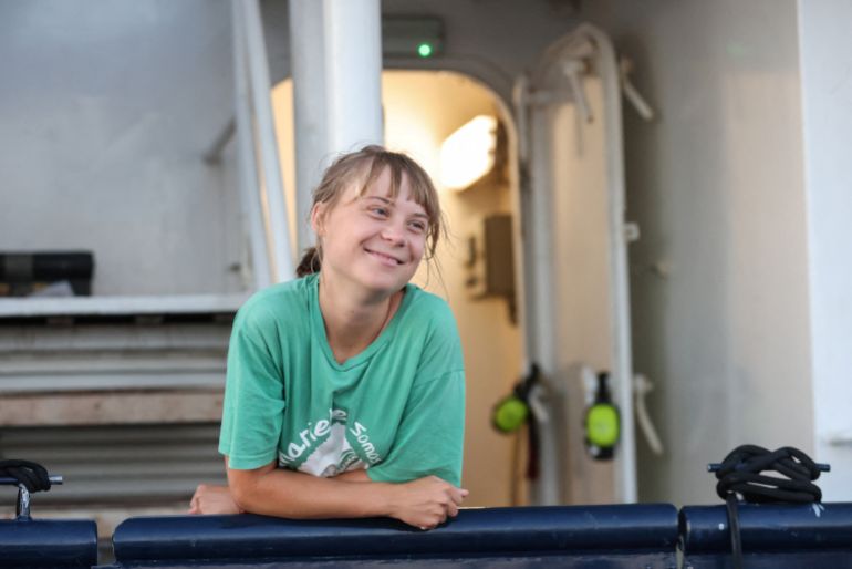 Greta Thunberg à bord d'un navire de la Flottille mondiale de la Résistance, au large de l'île de Crète, septembre 25, 2025