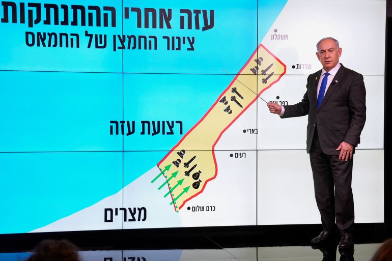Netanyahou présentant une carte de Gaza pour expliquer un axe stratégique