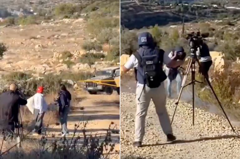 L’armée israélienne empêche les habitants d’accéder à leurs terres lors de la récolte des olives dans la ville de Qubur au nord de Ramallah.