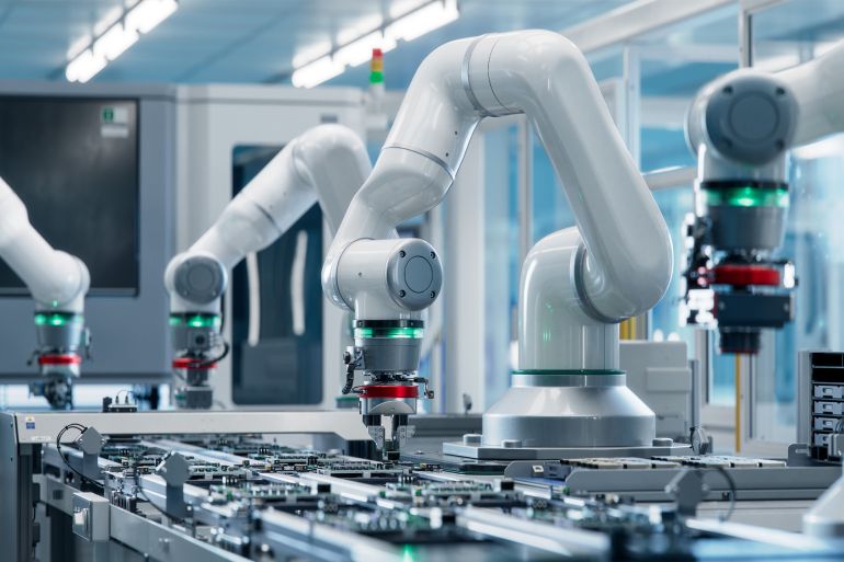 Bras robotisé dans une ligne de production électronique (illustration)