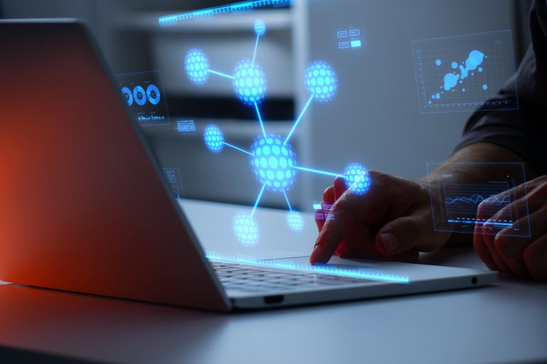 Molécule holographique représentant la recherche en biotechnologie