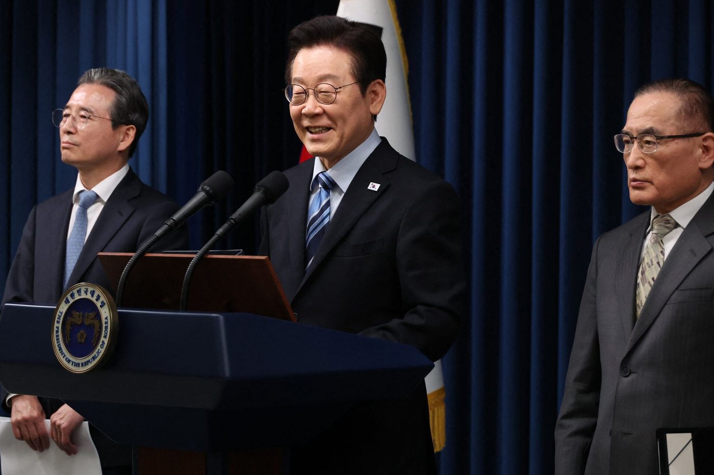 Lee Jae Myung lors d’une conférence de presse